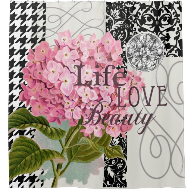 Chic Pink Hydrangea Collage Vintage Damask Art Shower Curtain (Front)