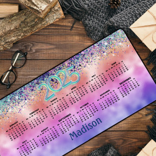 Chic pink iridescent faux glitter 2025 calendar desk mat
