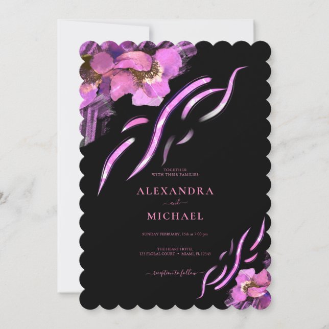 Chic Pink Iris Flowers Black Wedding Invitation (Front)
