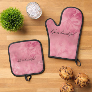 Chic Pink Lace Oven Mitt & Pot Holder Set