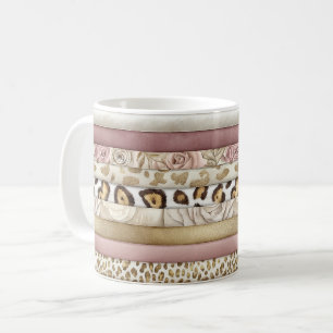 Chic Pink Leopard Floral Ivory Stripes Coffee Mug