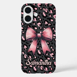 chic pink leopard print coquette bow monogram  iPhone 16 case