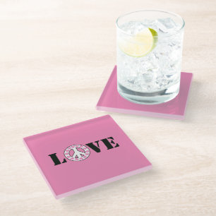 Chic Pink Love Peace Hearts Glass Coaster