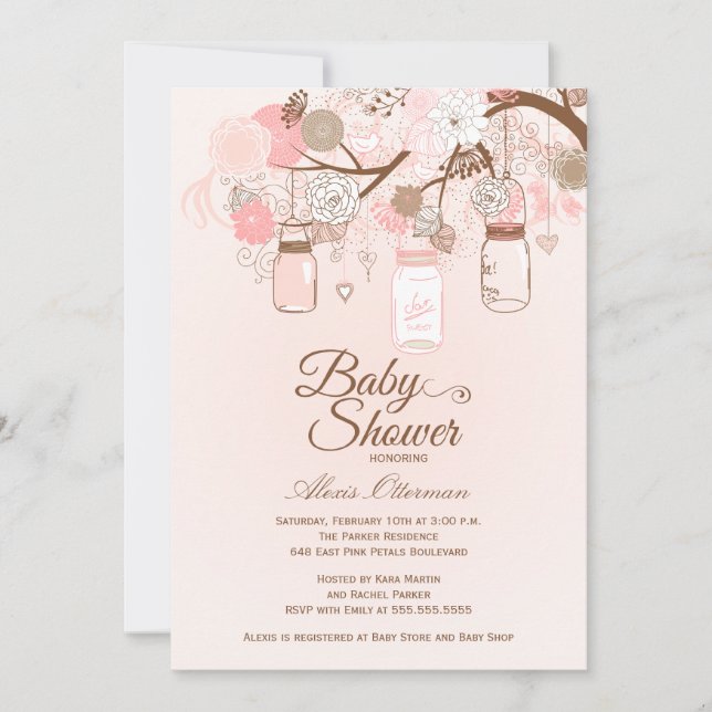 Chic pink mason jar floral baby shower invitation (Front)