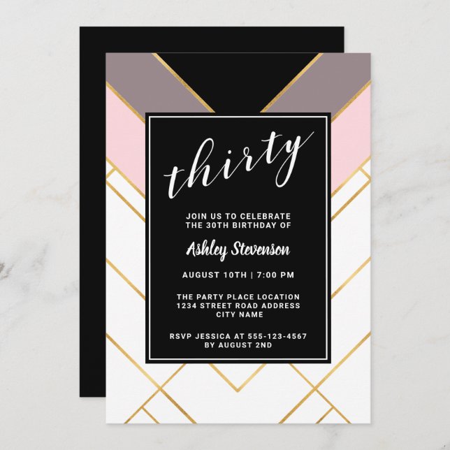 Chic Pink Mauve and Black Geometric 30th Birthday Invitation (Front/Back)