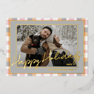 Chic Pink Mauve Grey Plaid Gold Foil Family Photo