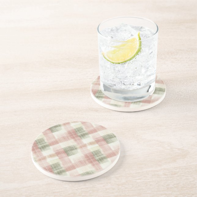 Chic Pink Mint Cream Plaid Stripes  Coaster (Side)