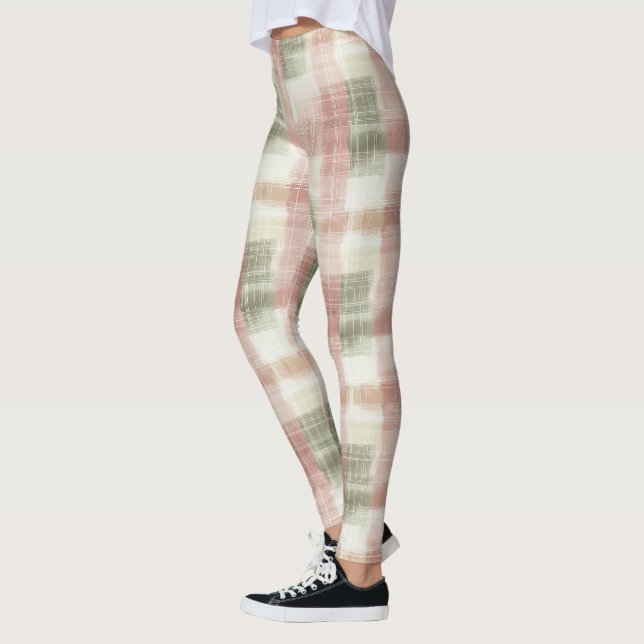 Chic Pink Mint Cream Plaid Stripes  Leggings (Left)