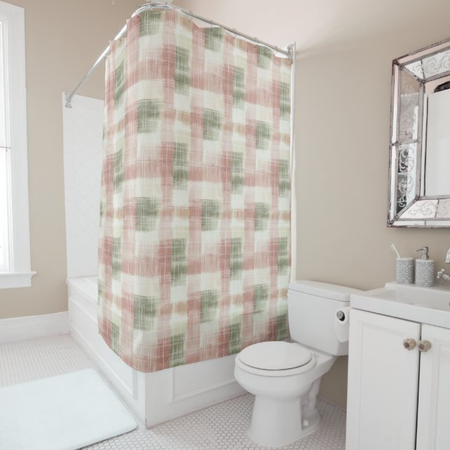 Chic Pink Mint Cream Plaid Stripes   Shower Curtain (In Situ)