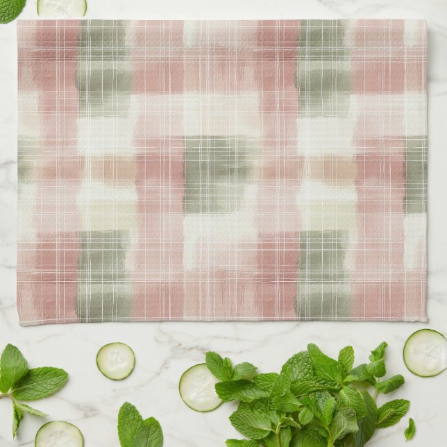 Chic Pink Mint Cream Plaid Stripes   Tea Towel (Folded)