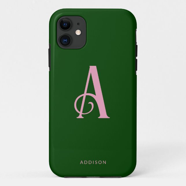 Chic Pink Monogram Initial Name on Dark Green Case-Mate iPhone Case (Back)