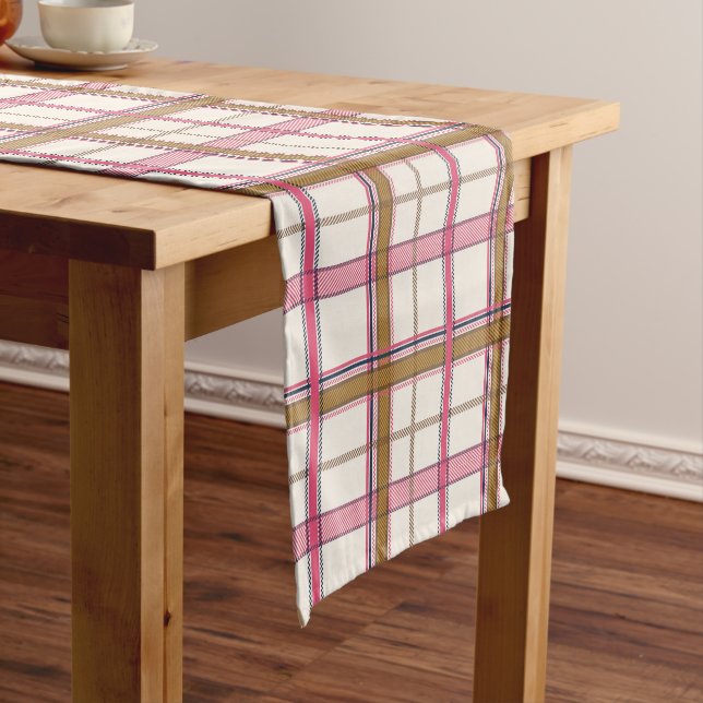 Chic Pink Navy Plaid Aesthetic Short Table Runner (In Situ)