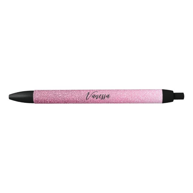 Chic Pink Ombre Glitter Black Ink Pen (Front)