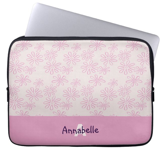 Chic Pink on Blush Flower Doodle Pattern & Name  Laptop Sleeve (Front)