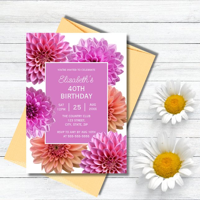 Chic Pink Orange Dahlia Floral 40th Birthday  Invitation (Creator Uploaded)