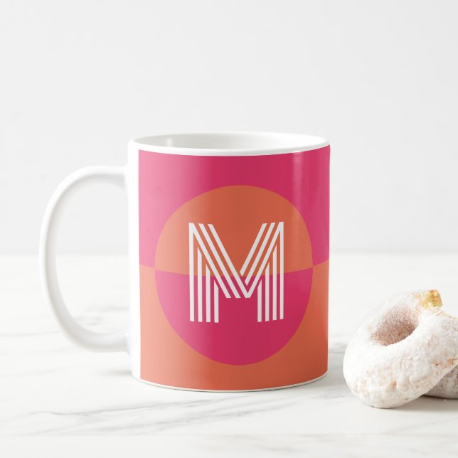 Chic Pink Orange Geometric Modern Monogram Coffee Mug (With Donut)