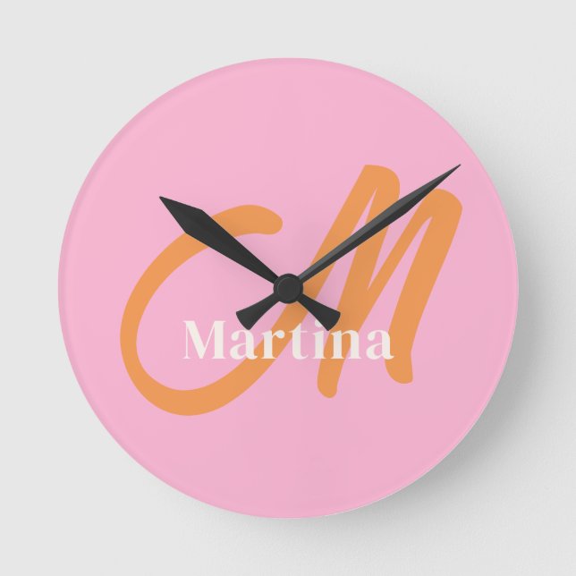 Chic Pink Orange Monogram Round Clock (Front)
