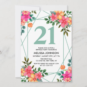 Chic Pink Orange Spring Flower 21st Birthday Invitation