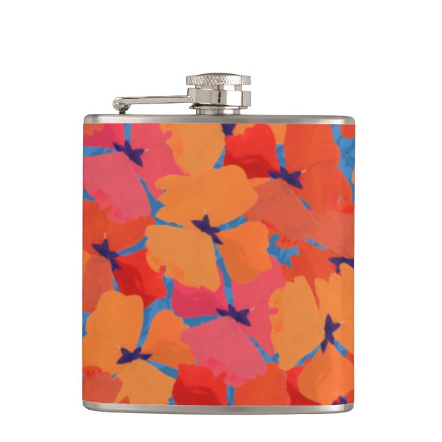 Chic Pink, Orange, Yellow Poppies Hip Flask (Front)