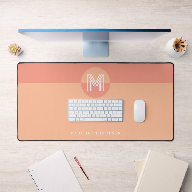 Chic Pink Peach Geometric Modern Monogram Desk Mat (Office 1)