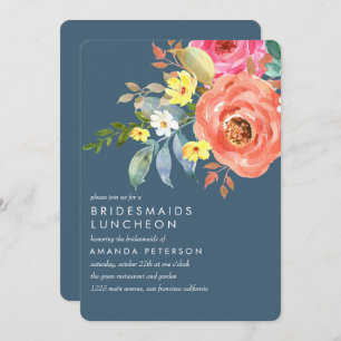 Chic Pink Peony Bridesmaids Luncheon Blue Wedding Invitation