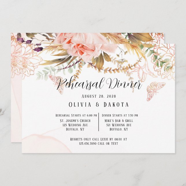 Chic Pink Peony Butterfly Rehearsal Dinner Invitation (Front/Back)