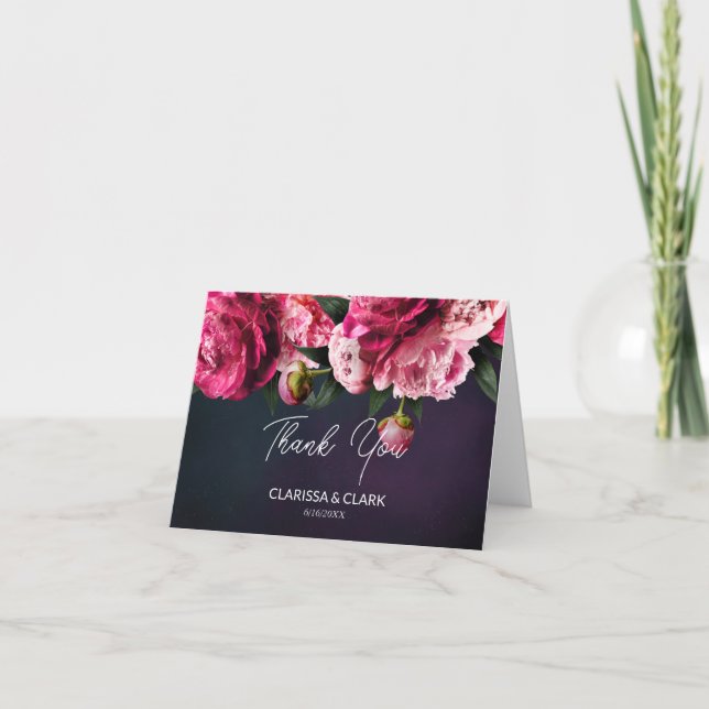 Chic Pink Peony Couples Name & Date Wedding  Thank You Card (Front)