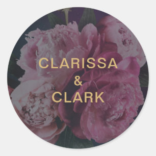Chic Pink Peony Couples Names Wedding Envelope Classic Round Sticker