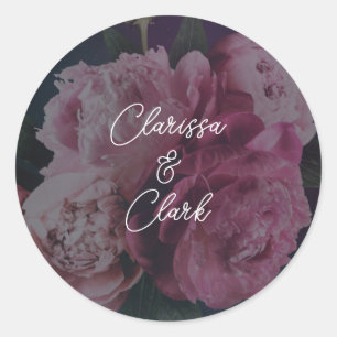 Chic Pink Peony Couples Names Wedding Envelope  Classic Round Sticker