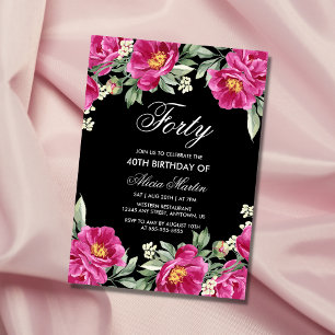 Chic Pink Peony Floral Black 40th Birthday Invitation