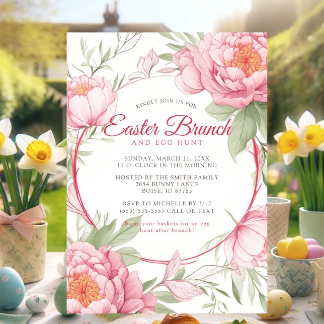 Chic Pink Peony Floral Easter Brunch and Egg Hunt Invitation (Chic Pink Peony Floral Easter Brunch and Egg Hunt Invitation)