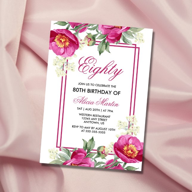 Chic Pink Peony Floral Greenery 80th Birthday  Invitation (Creator Uploaded)