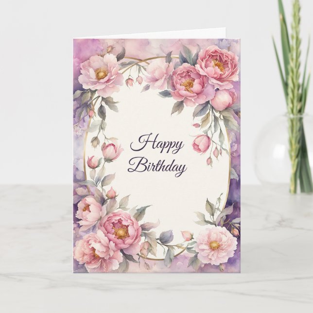Chic Pink Peony Oval Frame Birthday Card (Front)