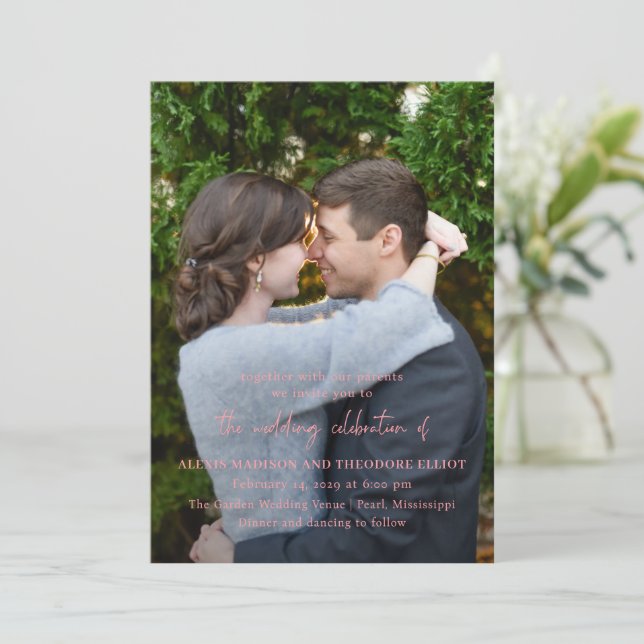 Chic Pink Photo Modern Wedding Invitation (Standing Front)