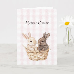 Chic Pink Plaid Stripes Bunnies in a basket Easter Card