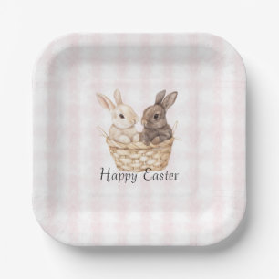 Chic Pink Plaid Stripes Bunnies in a basket Easter Paper Plate