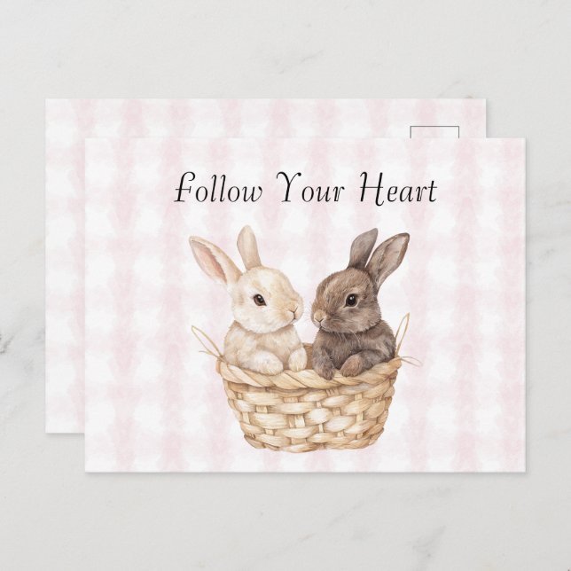 Chic Pink Plaid Stripes Bunnies in a basket Easter Postcard (Front/Back)