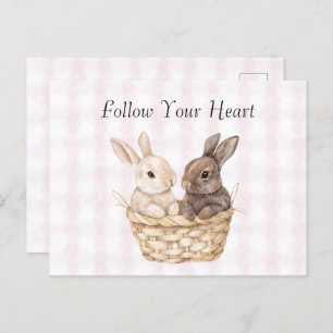 Chic Pink Plaid Stripes Bunnies in a basket Easter Postcard