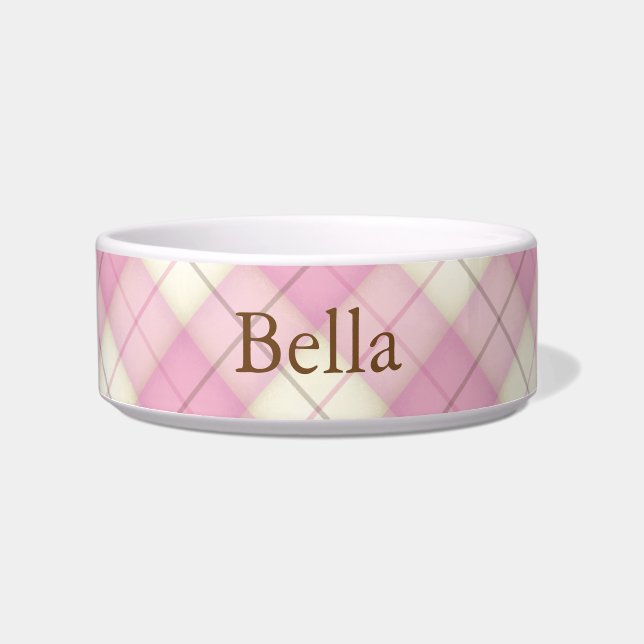 Chic Pink Plaid Tartan Personalised Cat or Dog Bow Bowl (Front)