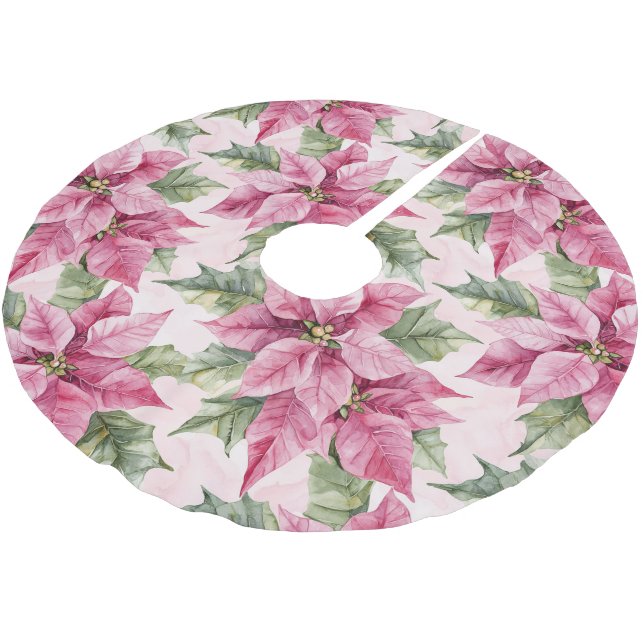 Chic Pink Poinsettia Flowers Christmas Brushed Polyester Tree Skirt (Angled)