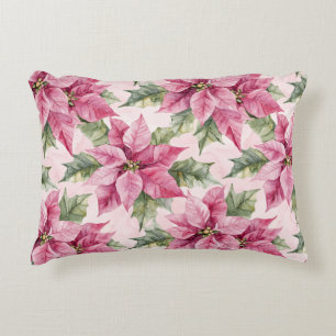 Chic Pink Poinsettia Flowers Christmas Decorative Cushion