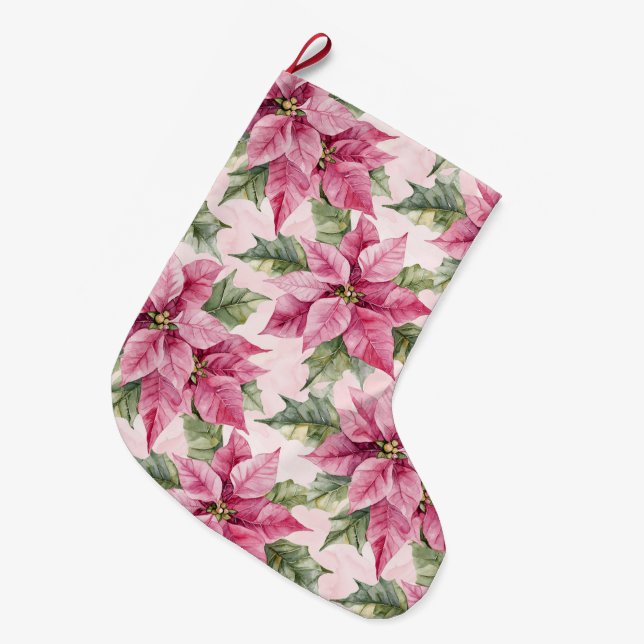Chic Pink Poinsettia Flowers Christmas Large Christmas Stocking (Front (Hanging))