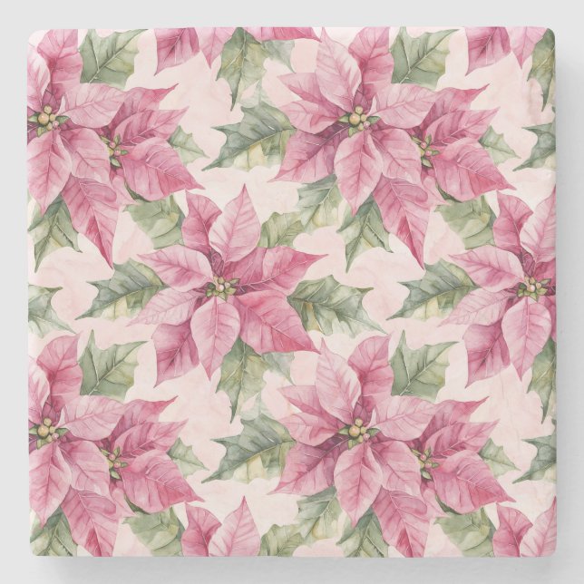 Chic Pink Poinsettia Flowers Christmas Stone Coaster (Front)