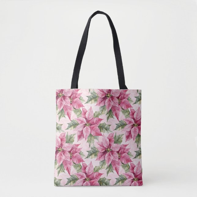 Chic Pink Poinsettia Flowers Christmas Tote Bag (Front)