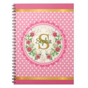 Chic Pink Polka Dot and Rose Floral Monogram Notebook