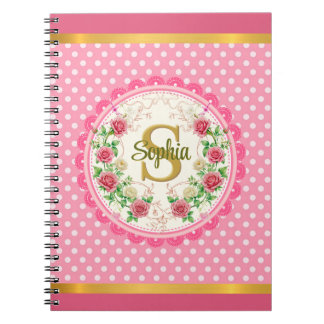 Chic Pink Polka Dot and Rose Floral Monogram Notebook