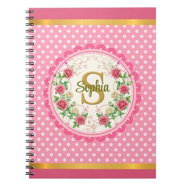Chic Pink Polka Dot and Rose Floral Monogram Notebook (Front)