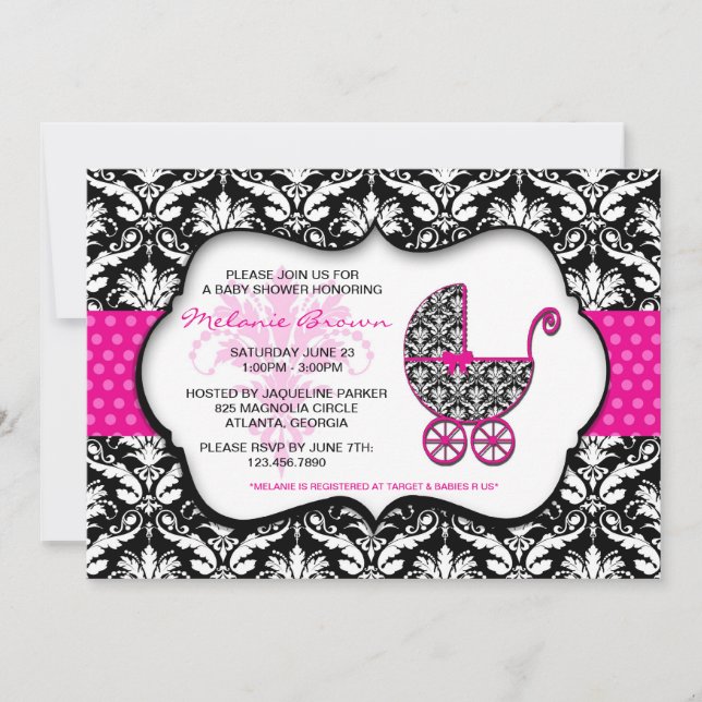 Chic Pink Polka Dot Damask Baby Shower Invite (Front)