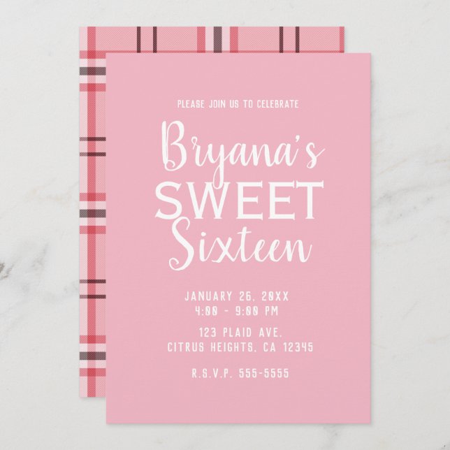 Chic Pink Preppy Plaid Sweet 16 Birthday Party Invitation (Front/Back)