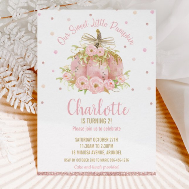 Chic Pink Pumpkin 1st Birthday Floral Girl Invitation (whimsical sweet pink pumpkin rose gold blush floral flowers birthday party invitation cards digital)